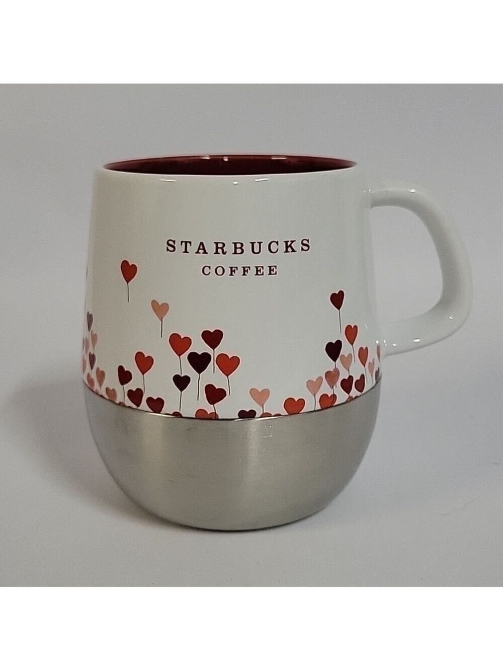 2007 Starbucks Coffee Mug, Red Heart Balloons Silver Metal Base, Valentine's Day